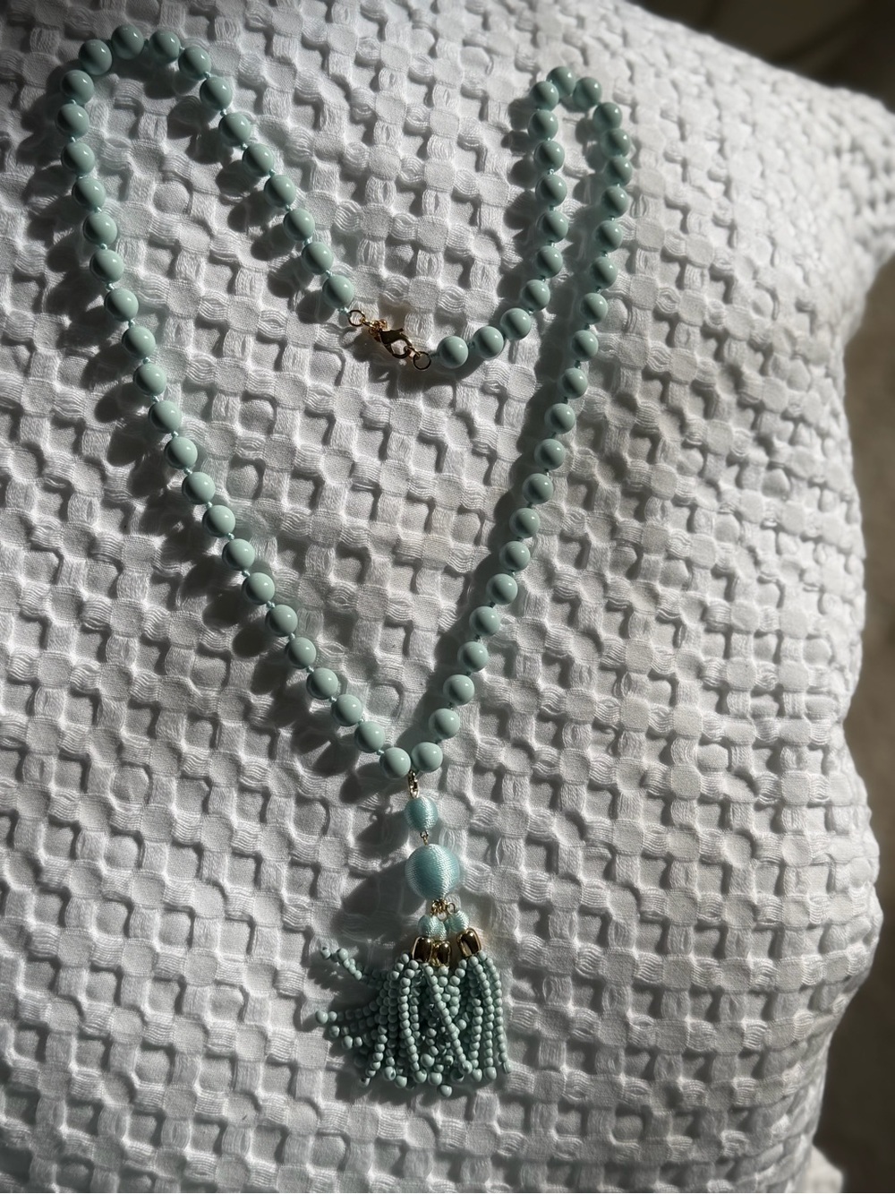 Light Aqua Beaded Tassel Necklace - Women Jewelry